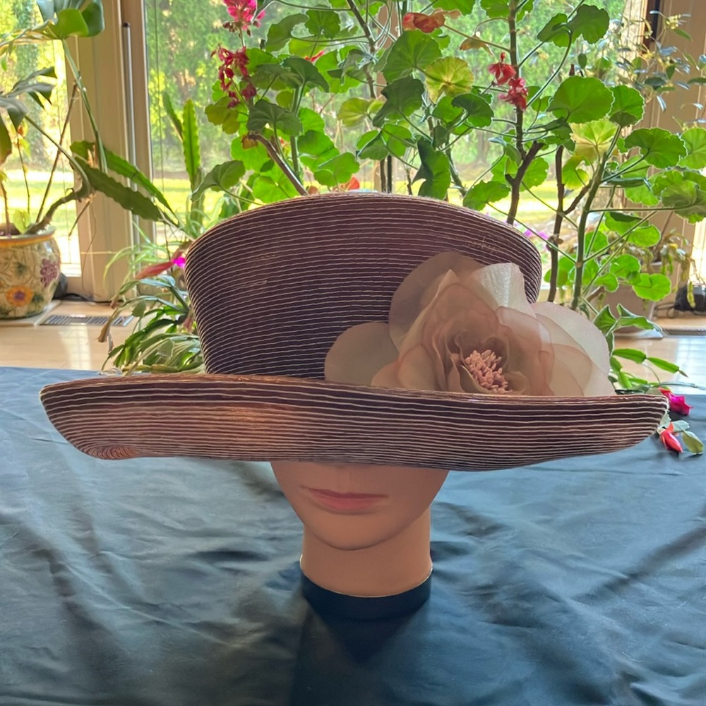 🚨LAST ONE🚨 Elegant Brown Polyester Women's Hat with 6” Organza Floral Accent